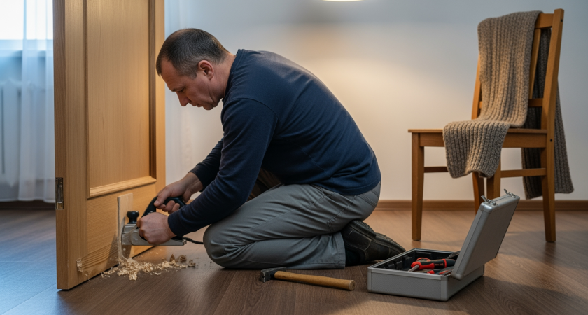 Дверь цепляет пол при открытии? Простой домашний трюк исправит это без регулировки петель за считанные минуты