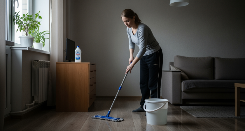 Женщина добавляет копеечное средство из аптеки в воду для мытья и полы остаются чистыми целую неделю