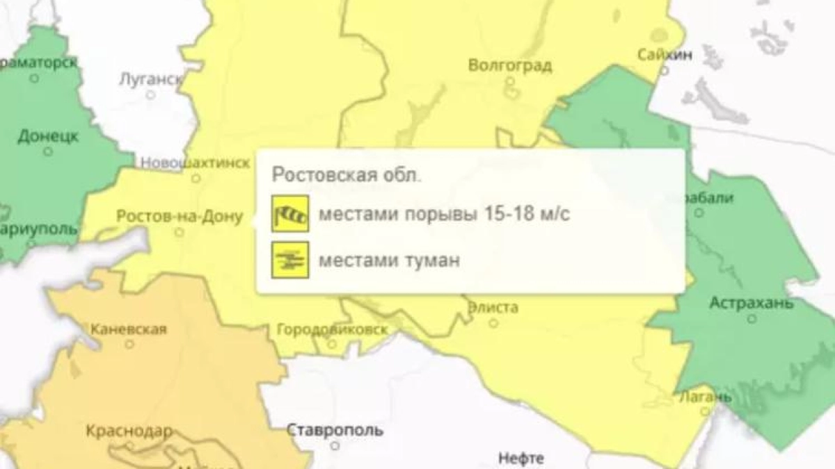Порывы ветра до 18 м/с и туман накроют Ростовскую область