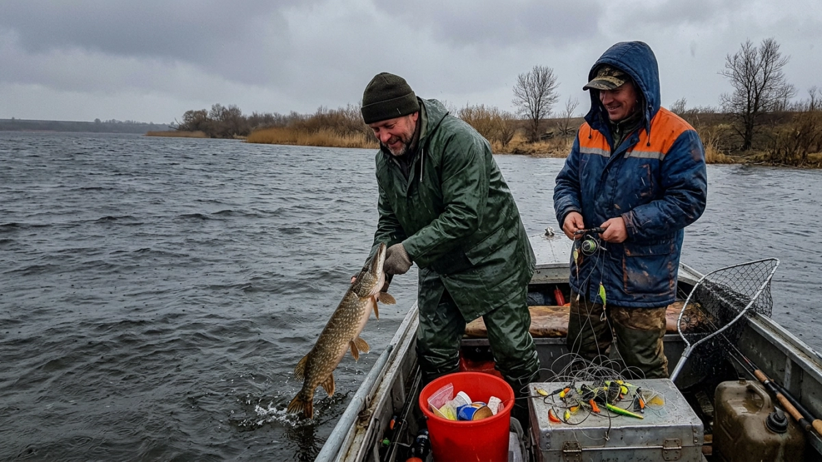 Рыбаки поймали метровую щуку на Веселовском водохранилище под ливнем