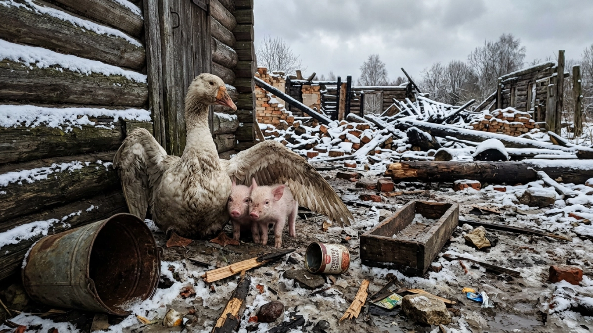 Гусыня из зоны СВО грела поросят в ледяном сарае — теперь живёт в парке