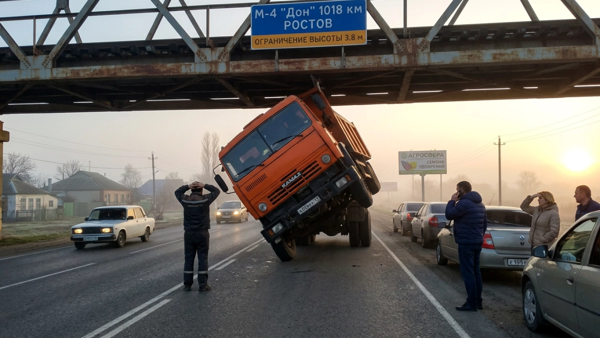 На М-4 «Дон» самосвал с поднятым кузовом встал на дыбы под мостом