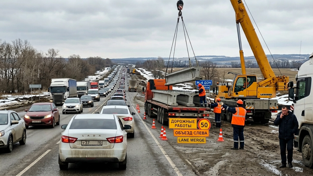 На М-4 «Дон» выгружают бетонные балки для моста — пробка 7 км