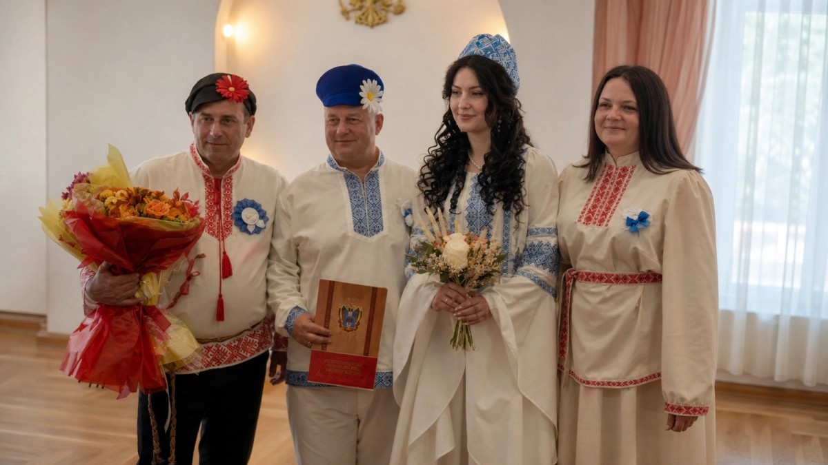 Жених, невеста и гости пришли в ЗАГС в кокошниках и сарафанах